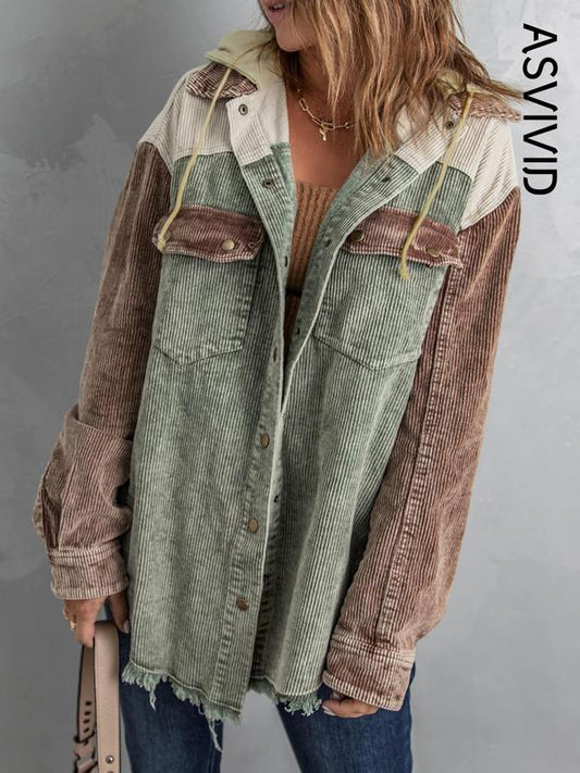Women's Colorblock Button Front Corduroy Jacket, Casual Drop Shoulder Long Sleeve Outerwear For Fall & Winter, Ladies Clothes For Daily Wear - Seldom Seen Styles