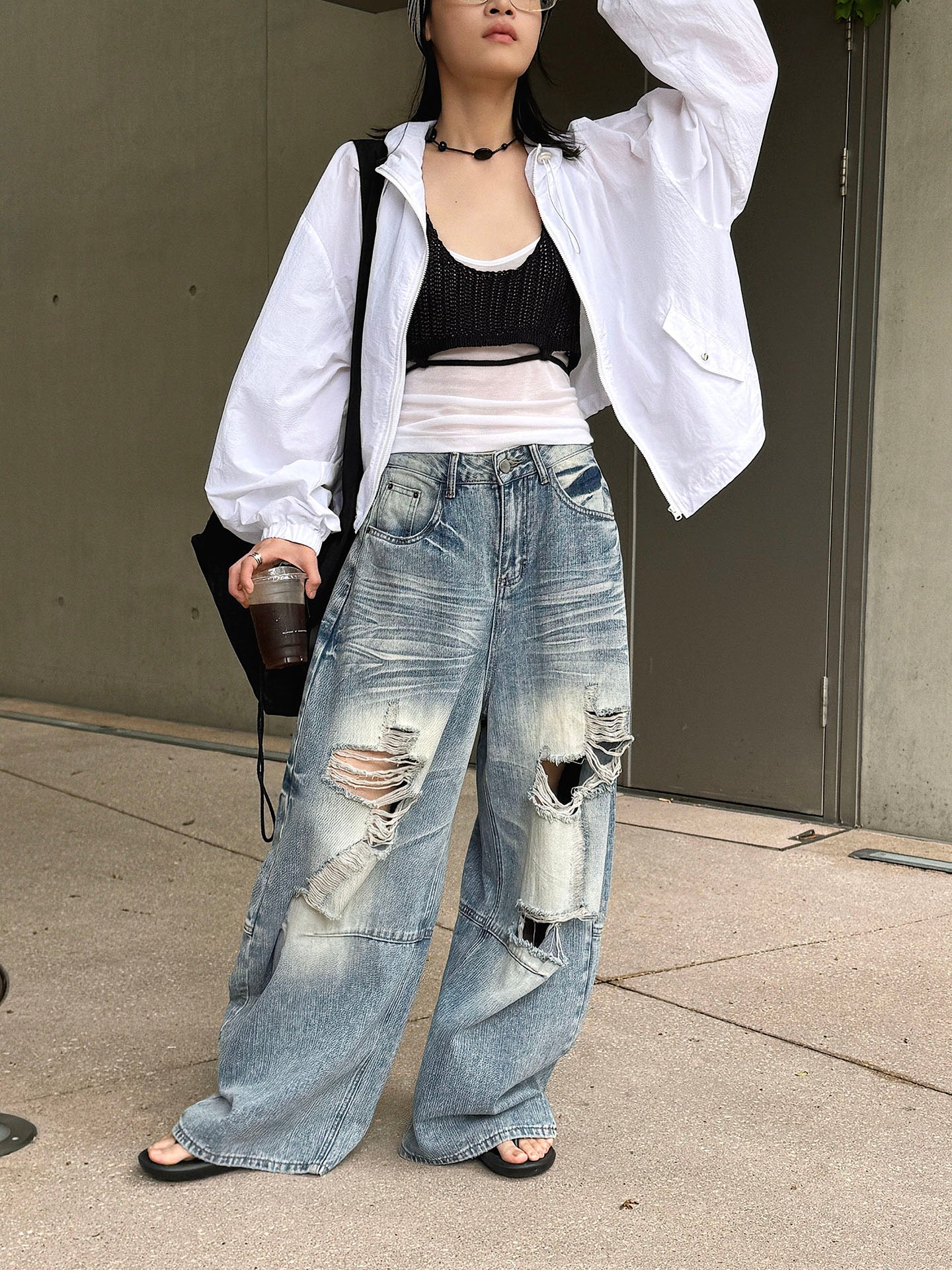 Women's Distressed Ripped Wide Leg Jeans High Waist Baggy Denim Pants Streetwear Y2K Casual Summer Outfit