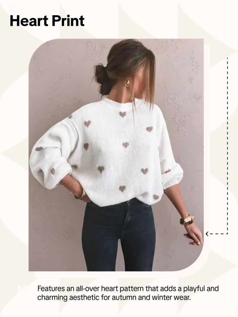 Women's All Over Heart Print Drop Shoulder Sweater, Casual Long Sleeve Round Neck Jumper for Fall & Winter, Fashion Ladies' Knitwear for Daily Wear - Seldom Seen Styles