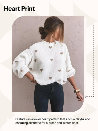 Women's All Over Heart Print Drop Shoulder Sweater, Casual Long Sleeve Round Neck Jumper for Fall & Winter, Fashion Ladies' Knitwear for Daily Wear