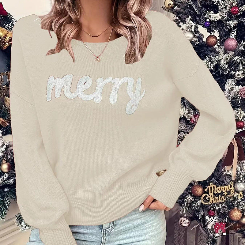 Women's Christmas Letter Patched Drop Shoulder Sweater, Casual Long Sleeve Round Neck Jumper for Daily Outdoor Wear, Women Knitwear for Fall - Seldom Seen Styles