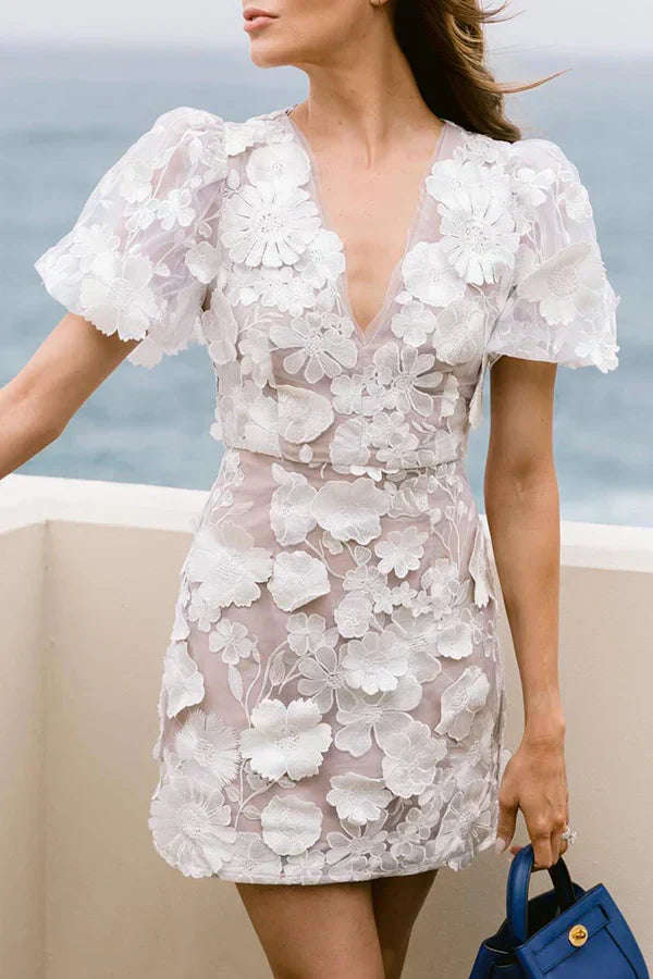 Women's Floral Mini Dress with V-Neck and Puff Sleeves - Seldom Seen Styles