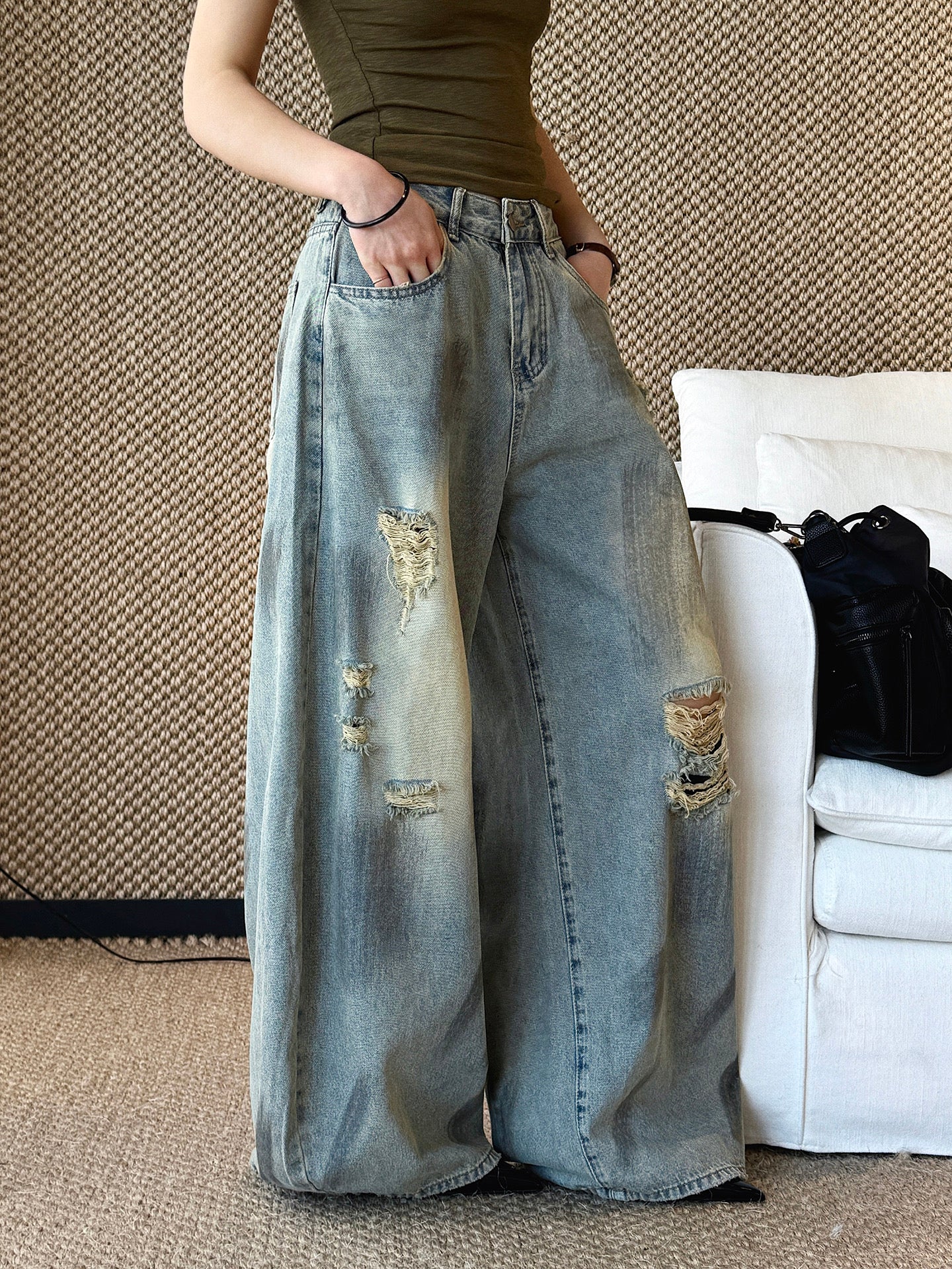 Women's Ripped Wide Leg Baggy Jeans High Waist Distressed Denim Pants Street Style Y2K Casual