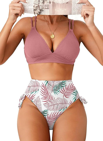 Women's Bikini Sets Two Piece Swimsuit V Neck High Waisted Ruched Tummy Control 2025 Summer Bathing Suit - Seldom Seen Styles