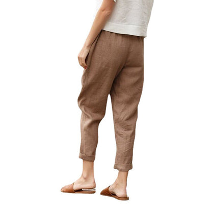 Pantalon court en lin pour femme, coupe fuselée à la cheville, pantacourt, taille élastique