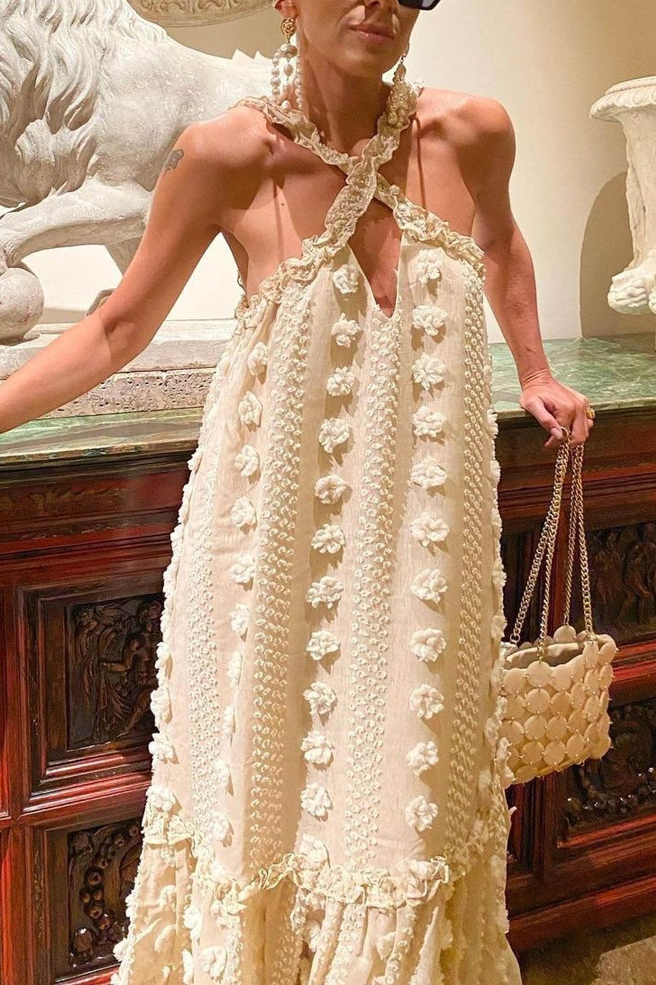 3D Floral Criss-cross Halterneck Maxi Dress - Seldom Seen Styles
