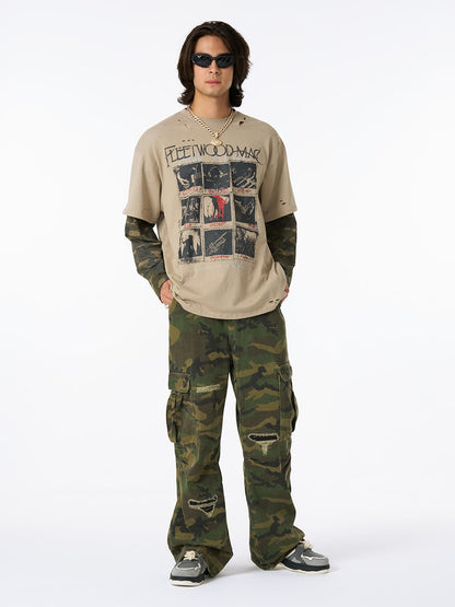 Distressed Camouflage Faux Two-Piece Graphic T-Shirt - 2420 