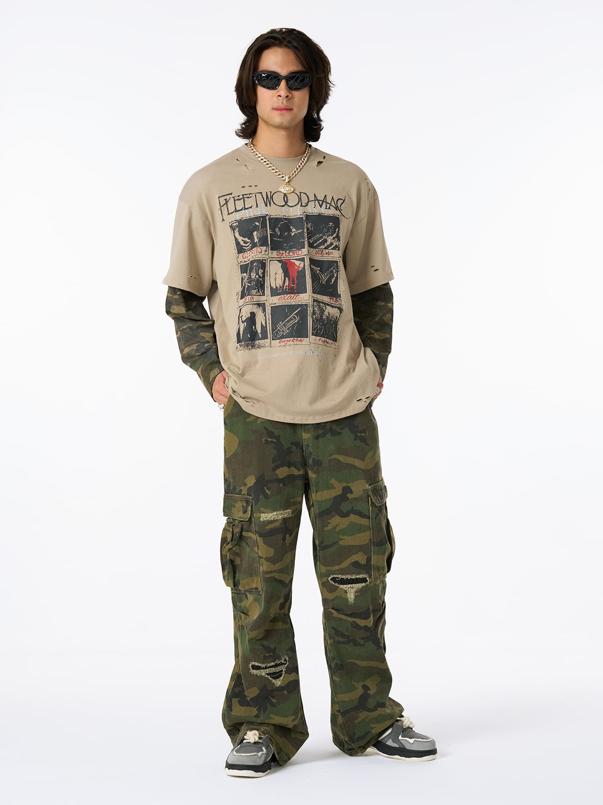 Distressed Camouflage Faux Two-Piece Graphic T-Shirt - 2420 