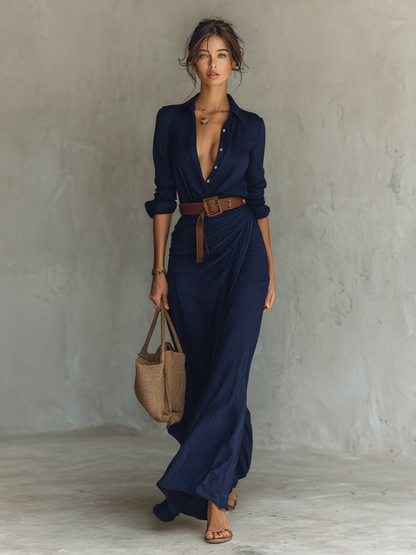 Ladies Lapel Single Breasted Long Sleeve Belted Maxi Dress MDA1500G4Y