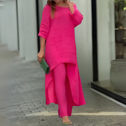 Womens Two Piece Set Dress Suit for Women Long Sleeve Cotton Linen Irregular Solid Crewneck Daily Wear Summer Set