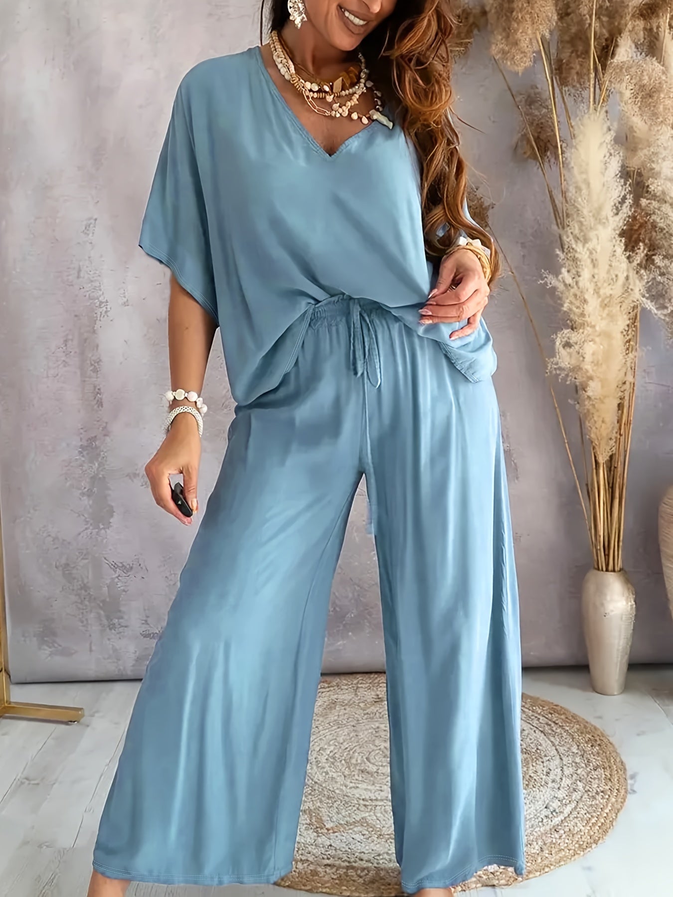 Womens Elegant Solid Color Knit V-Neck Half Sleeve Top and Wide Leg Pants Set - Micro Elasticity, Polyester Fabric, Spring/Summer Outfit for Casual Wear