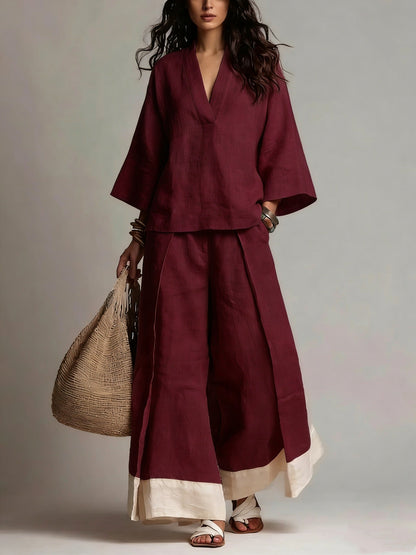 Annie's Fashion Women's Cotton-Linen V-Neck Three-Quarter Sleeve Shirt and Wide-Leg Pants Set