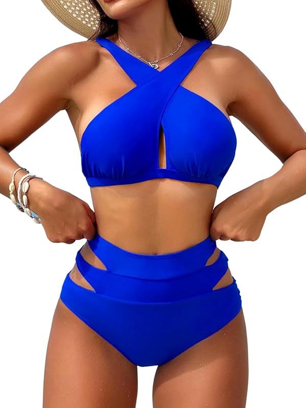 Bikini Sets For Women Full Coverage Bottoms,High Waisted Bathing Suit,Cut Out Criss Cross Two Piece Swimsuits - Seldom Seen Styles