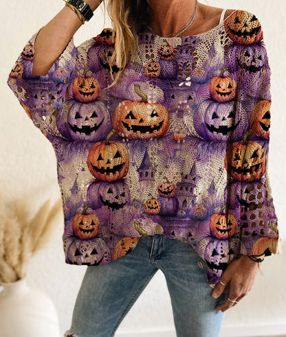 Women's Halloween Pumpkin Print Long Sleeve Knit Top, Casual Elegant Vacation Style, Loose Fit Batwing Shoulder, Spring Summer Fall Wear