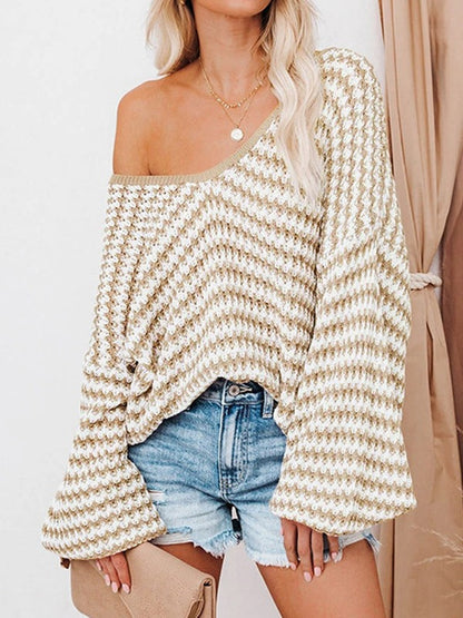 Autumn  Winter New Wave Striped Sexy Puff Sleeve Loose Knitted Sweater Pullover for Women