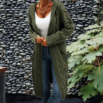 Women's Pocket Drop Shoulder Cardigan, Hooded Long Sleeve Warm Top, Casual Textured Knit Open Front Cable Outwear, Sweaters for Women