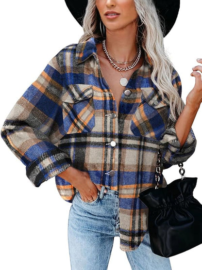 BTFBM Women Shacket Jacket Long Sleeve Button Down Casual Plaid Flannel Shirts Loose Fall Spring Blouses Tops