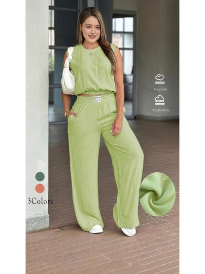Two-Piece Set Women's Solid Color Tank Top & Wide Leg Pants Set, Casual Fashion Cozy Breathable Two-piece for Daily Outdoor Wear, Ladies Clothes for Summer, Suits