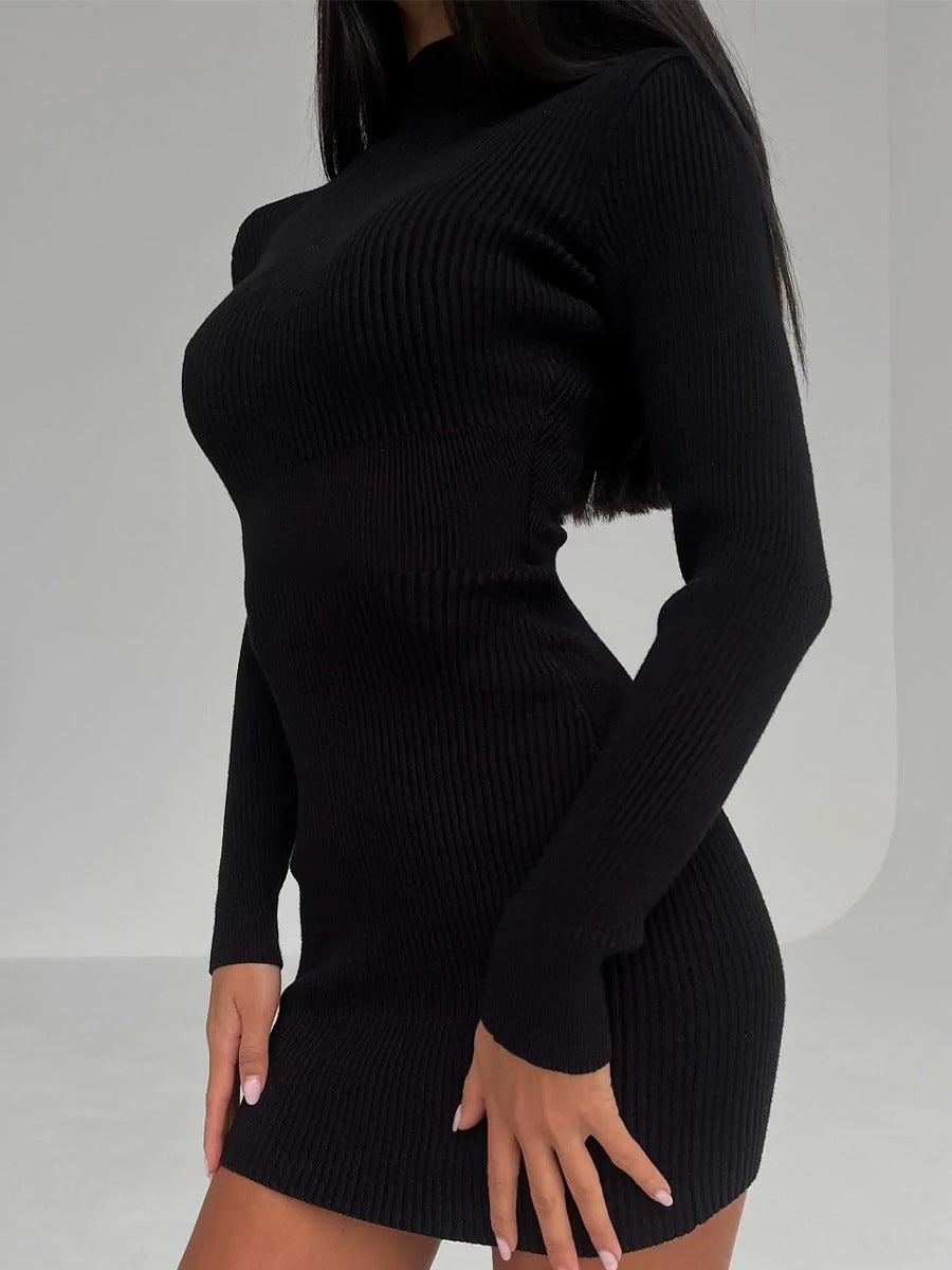 High Collar Mid-Length Sunken Stripe Knitted Dress Women's Solid Color Woolen Tight Sexy2022Autumn and Winter European and American Style Dress