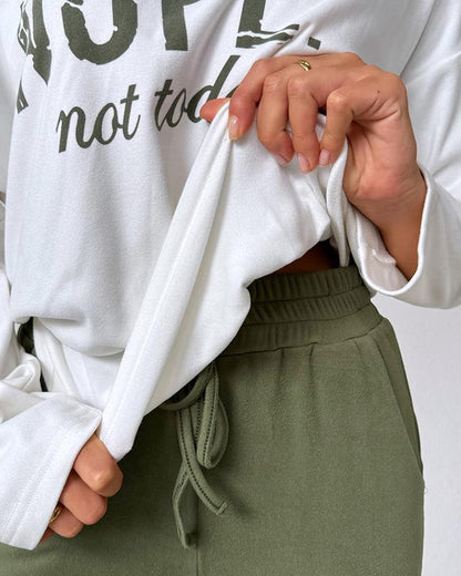 Women's 2 Piece Outfit Nope Not Today Print Skew Neck Long Sleeve Pullover Top with Stretchy Waist Long Pants Tracksuit Jogger Set