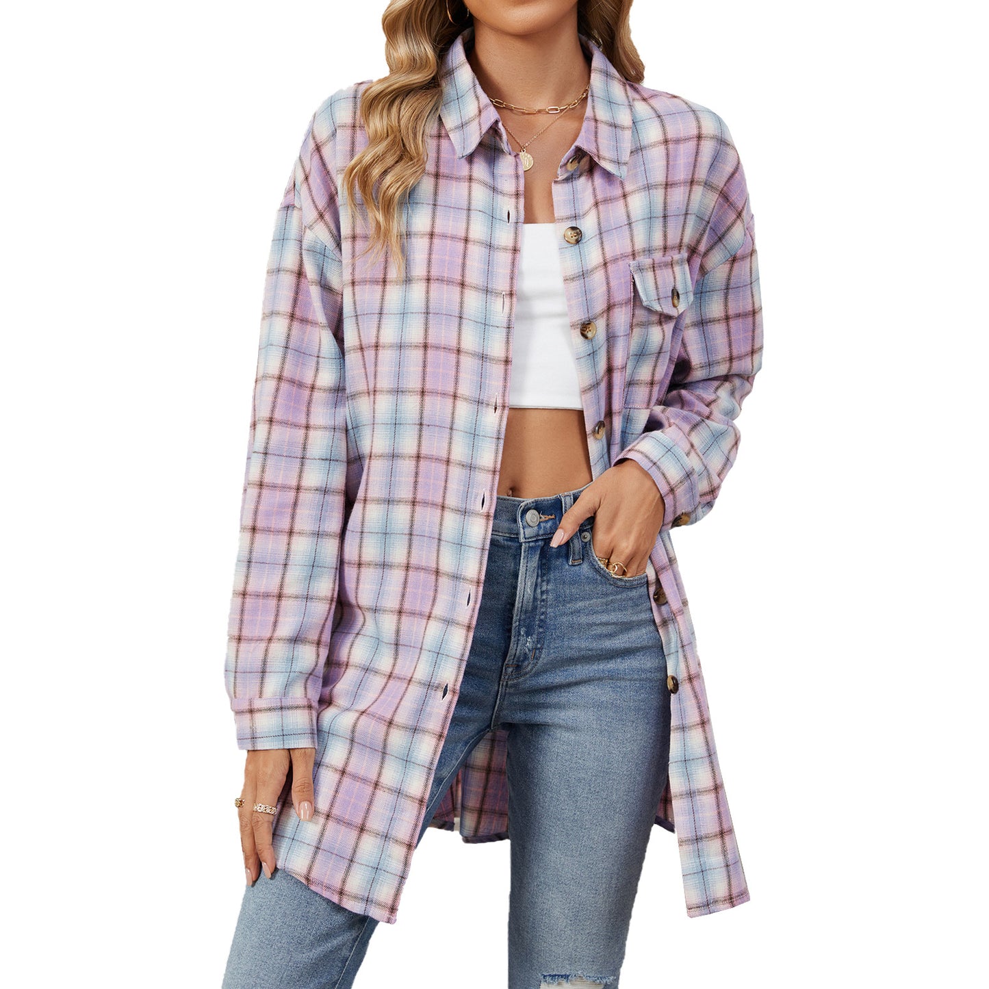 Blooming Jelly Damen Button-Down-Flanellhemden, kariert, Shacket, lange Ärmel, Kragen, Business, Casual, Tops, Arbeit 