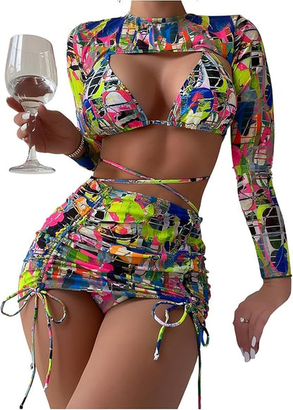 Women's 4 Piece Swimsuits Print Halter Bikini Set Bathing Suits with Cover Up - Seldom Seen Styles