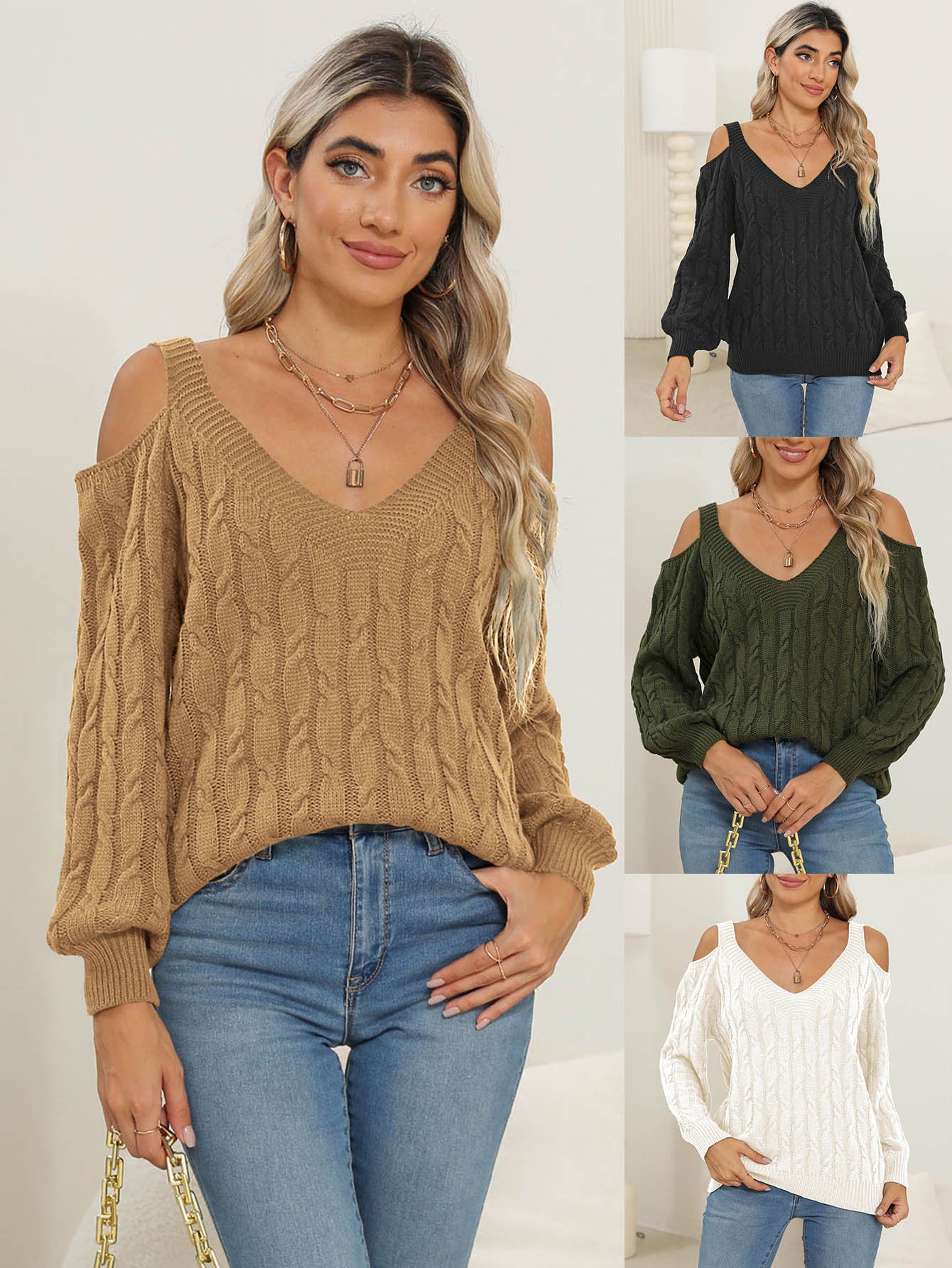 Knitted Bottoming Shirt Cross-Border European and American Autumn and Winter Women's DeepVSexy off-the-Shoulder Loose Pullover Women's Top672