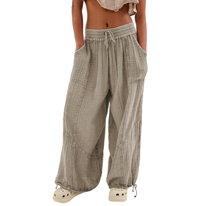 Damen Casual Loose Fit Weite Beinhose Baumwolle Hose Kordelzug Nähte Baggy Pants Hose mit Taschen