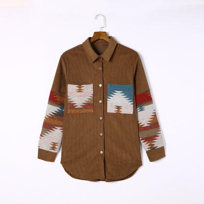 Womens Corduroy Flannel Shirt Long Sleeve Button Down Aztec Loose Shacket Jacket with Pockets