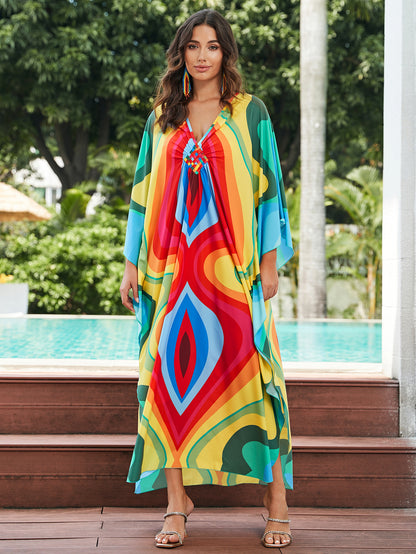 [Plus Size] Butterfly/feather Print Ruched Split Hem Tunic Dress, Valentine's Day Elegant Batwing Sleeve V Neck Long Dress for Summer, Casual Womenswear, Gift, Homecoming Dresses, Women's Clothes for Beach Holiday Vacation, Moo Moo Dresses