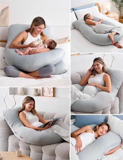 Oreillers de grossesse Momcozy avec housse rafraîchissante, oreiller de maternité intégral en forme de U pour dormeurs latéraux 145 cm - Soutien du dos, des hanches, du ventre et des jambes pour les femmes enceintes