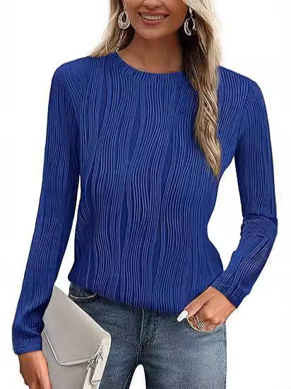 Women's Summer Fall Scalloped Lace Cuff Crewneck Tops Textured Shirts