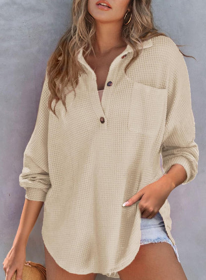 Women Waffle Knit Tops Henley Shirts Long Sleeve V Neck Solid Color Casual Tunic