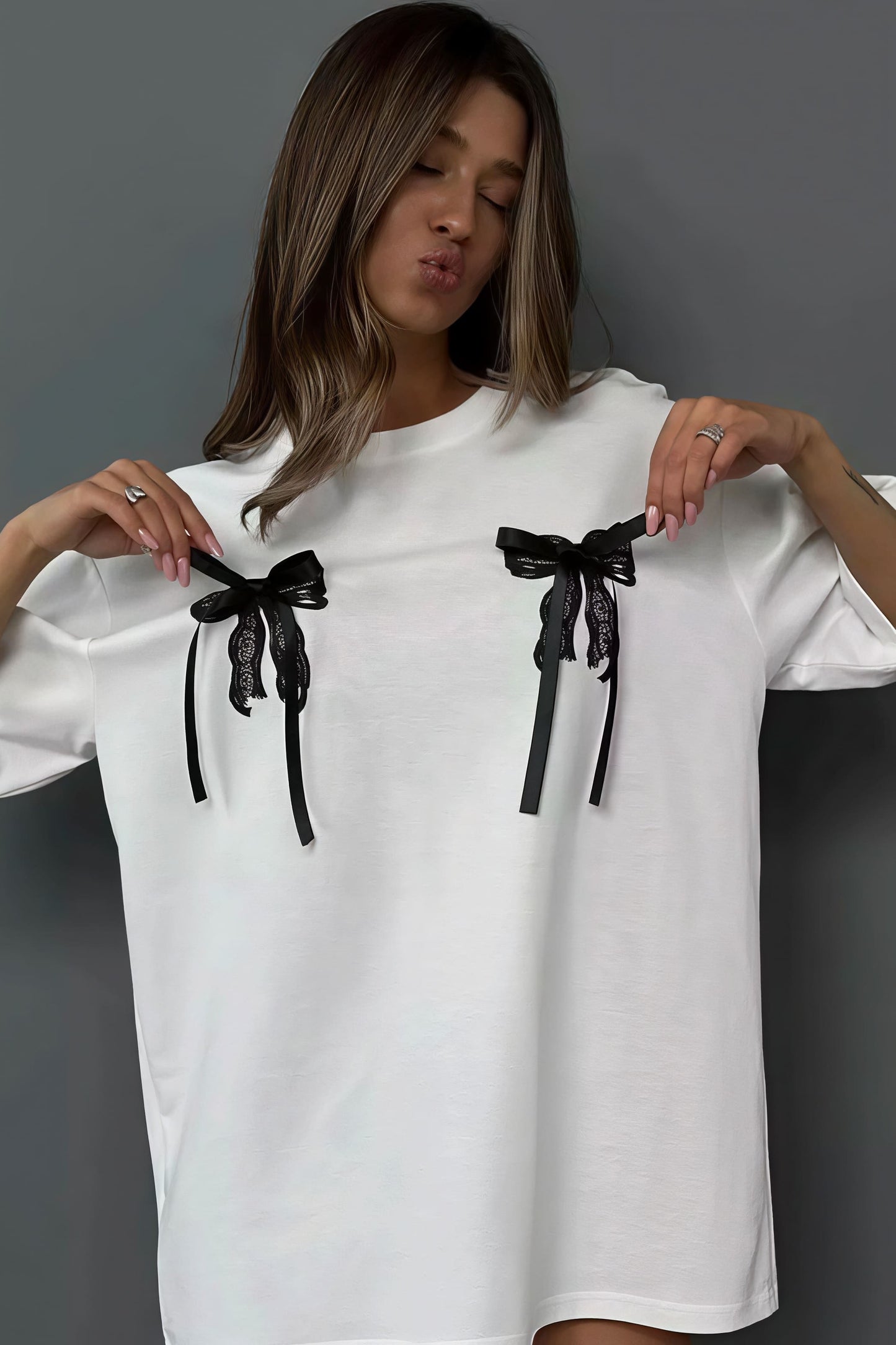 Minimalist Casual 3D Bow Lace Short Sleeve T-shirt - Seldom Seen Styles