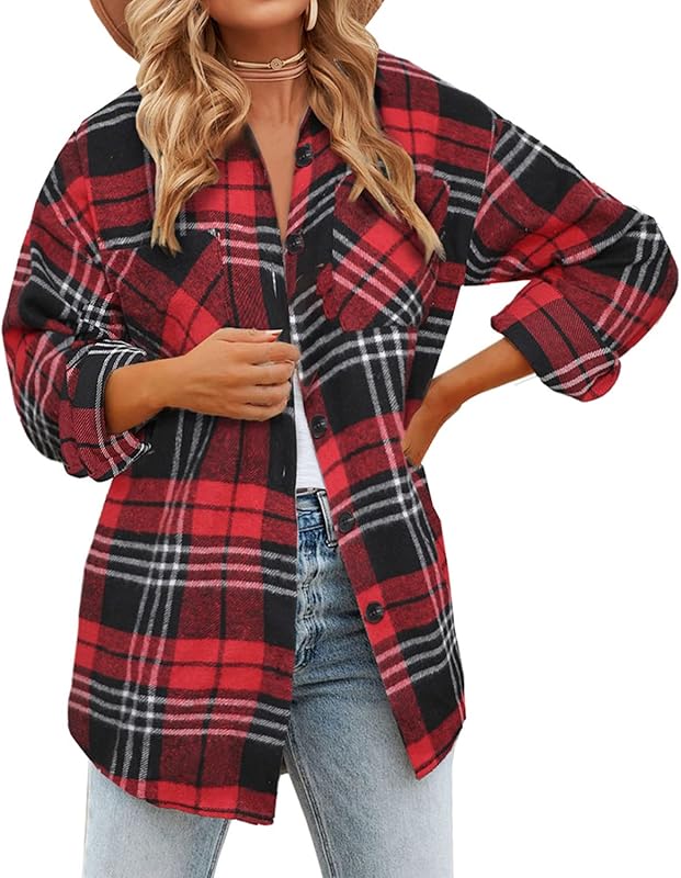 BTFBM Women Long Sleeve Button Down Jackets Plaid Flannel Shirts Tops Casual Lapel V Neck Oversized Shackets Blouses Top