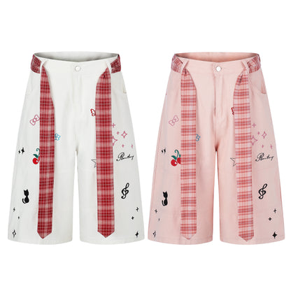Women's Cute Embroidery Plaid Tie Wide Leg Denim Shorts High Waist Cherry Cat Bow Casual Sweet Streetwear Jean Shorts