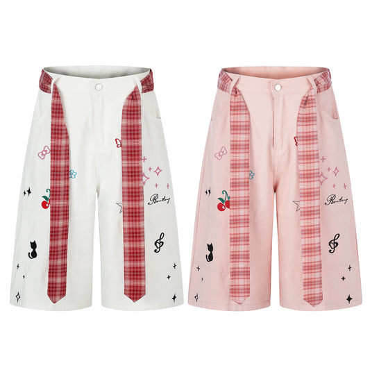 Women's Cute Embroidery Plaid Tie Wide Leg Denim Shorts High Waist Cherry Cat Bow Casual Sweet Streetwear Jean Shorts