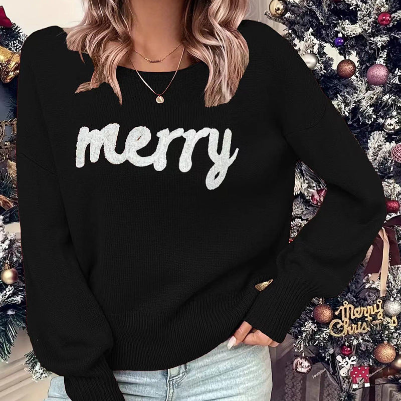Women's Christmas Letter Patched Drop Shoulder Sweater, Casual Long Sleeve Round Neck Jumper for Daily Outdoor Wear, Women Knitwear for Fall - Seldom Seen Styles