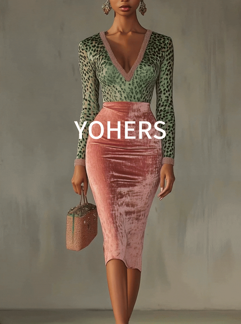 Pink Velvet Bodycon Dress With Patchwork Webbing And Leopard Print