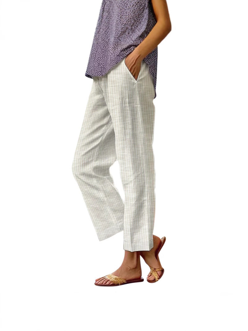 Women's Linen Pants, Side Stripe, Elastic Waist, Straight Leg, Summer Beach Vacation - Seldom Seen Styles