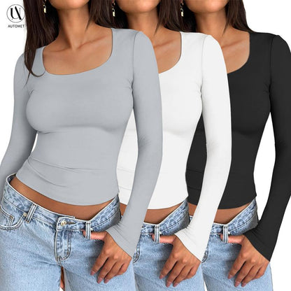 AUTOMET Women's 3 Pack Long Sleeve Crop Tops Slim Fit Y2K Fashion Basic Layering Shirts