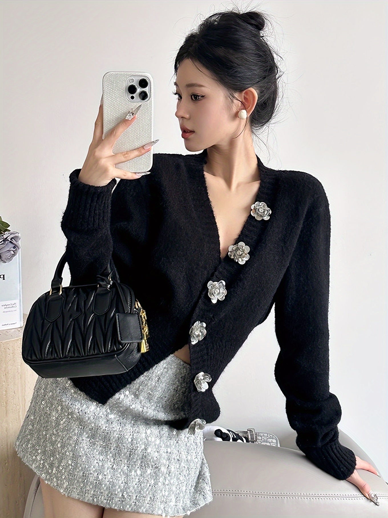 Floral Button Front Cardigan, Chic V Neck Long Sleeve Cardigan For Fall & Winter, Women's Clothing