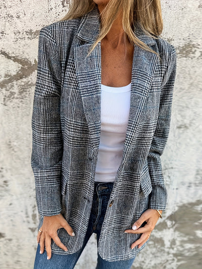 Women's Elegant Plaid Casual Suit Coat - Fashion long sleeve，Cardigan Fashionable Jacket with Pockets