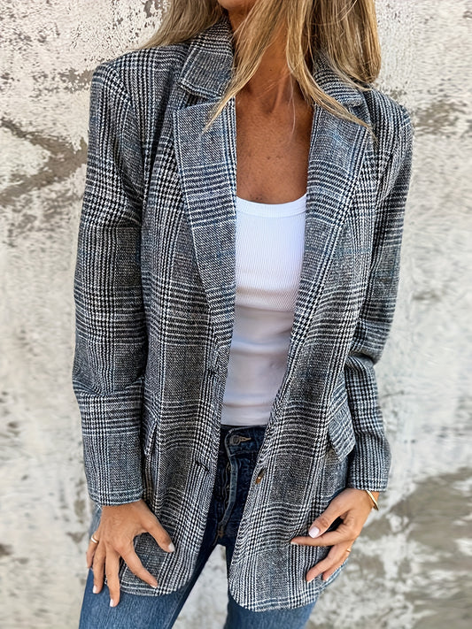 Women's Elegant Plaid Casual Suit Coat - Fashion long sleeve，Cardigan Fashionable Jacket with Pockets