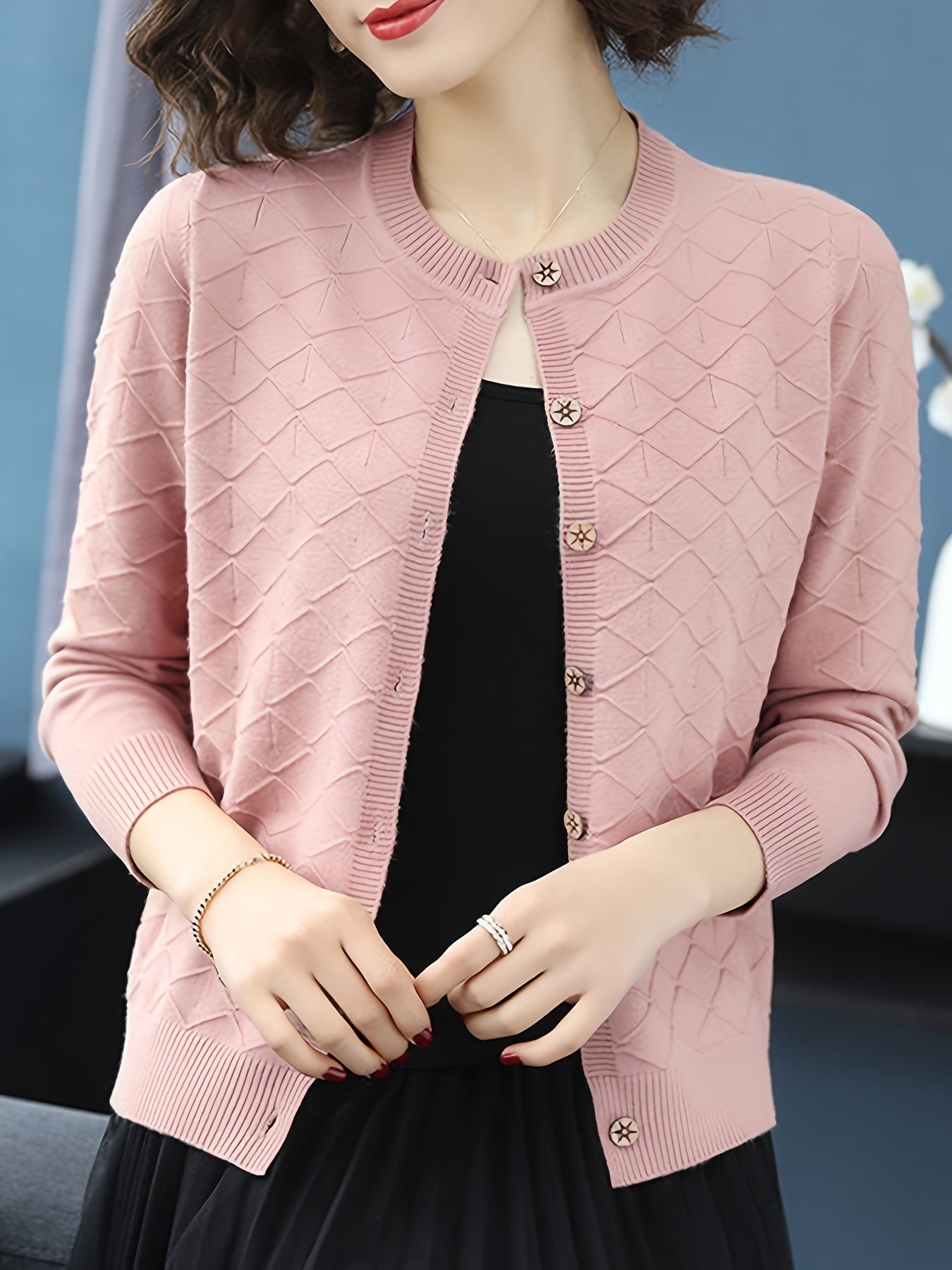 Solid Color Button Front Cardigan, Casual Long Sleeve Textured Cardigan For Spring & Fall, Women's Clothing