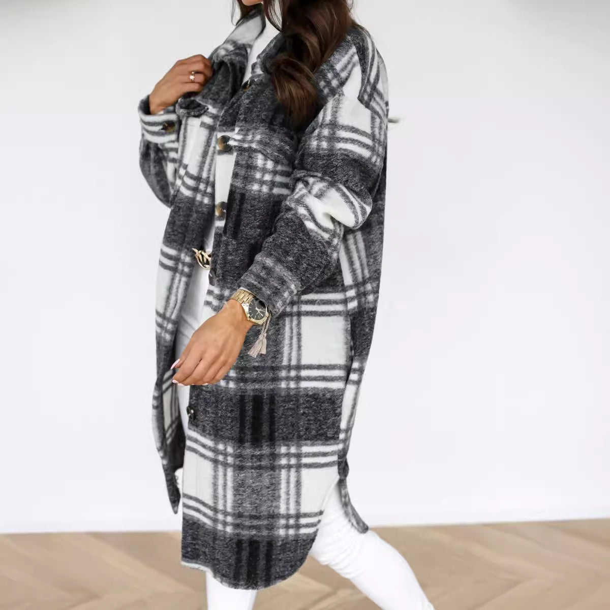 European and american hot2023ebay Amazon Winter New Women's Clothing Fashion Plaid Single-Breasted Coarse Wool Coat