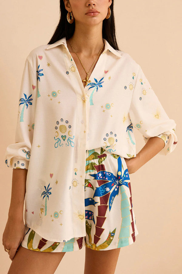 Linen Blend Summer Printed Collared Long-sleeved Shirt and Elastic Waist Pocket Casual Shorts Set - Seldom Seen Styles