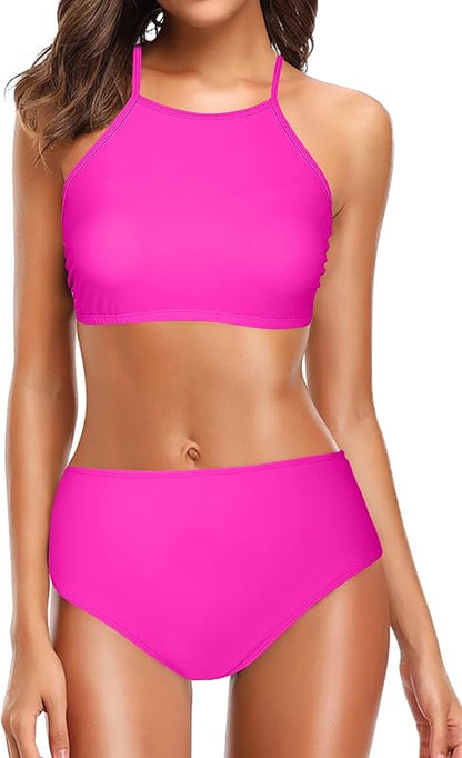 High Waisted Bikinis for Women High Neck Sporty Racerback Crop Top Swimsuit High Cut Two Piece Bathing Suit XS-XXL - Seldom Seen Styles