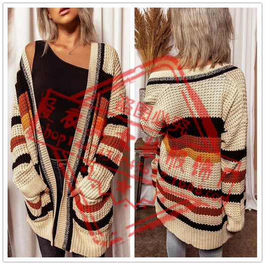 2024Autumn and Winter New LooseVCollar Long Sleeve Sweater Cardigan Women's Striped Sweater Coat