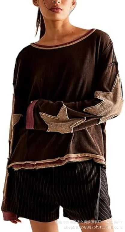 Damen Sommer Lose T-Shirt Stern Patch Langarm Rundhals Casual Tops Streetwear